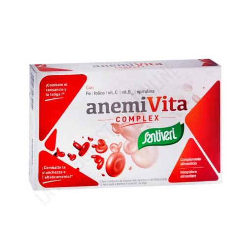 Anemivita Complex Santiveri 40 cpsulas - Anemivita Complex de Santiveri es un complemento alimenticio que contribuye a fijar el hierro en el organismo. Elaborado a partir espirulina, hierro, vitaminas C, B12 y cido flico es el aliado perfecto para aquellas personas que sufran de anemia. Combate el cansancio y la fatiga.