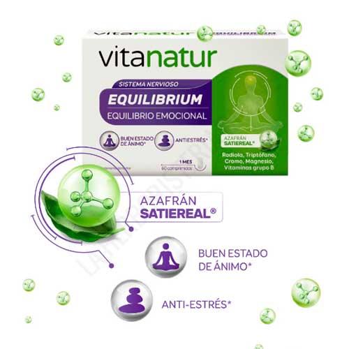 Vitanatur Equilibrium Equilibrio Emocional Vitanatur 60 comprimidos - Vitanatur Equilibrium es un complemento alimenticio para ayudar al equilibrio emocional, promoviendo el buen estado de nimo. Ideal para perodos de estrs. A base de azafrn, rodiola, triptfano, cromo, magnesio y vitaminas del grupo B.

