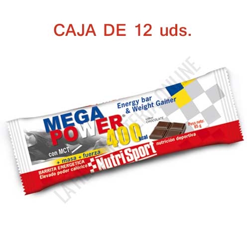 Caja 12 barritas Mega Power 400 Kcal. Nutrisport sabor chocolate 85 gr.