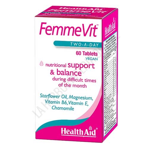FemmeVit Health Aid comprimidos - Femmevit de Healt Aid es una formulación específica para la mujer que sufre el síndrome premenstrual y contiene todos los elementos clave para ayudar a reducir y aliviar sus síntomas.